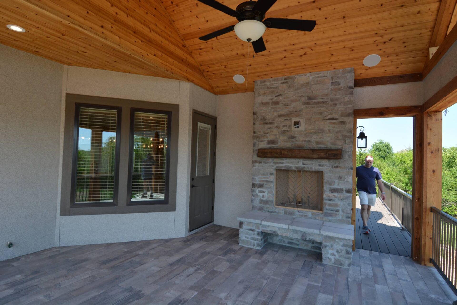 New backyard deck with fireplace